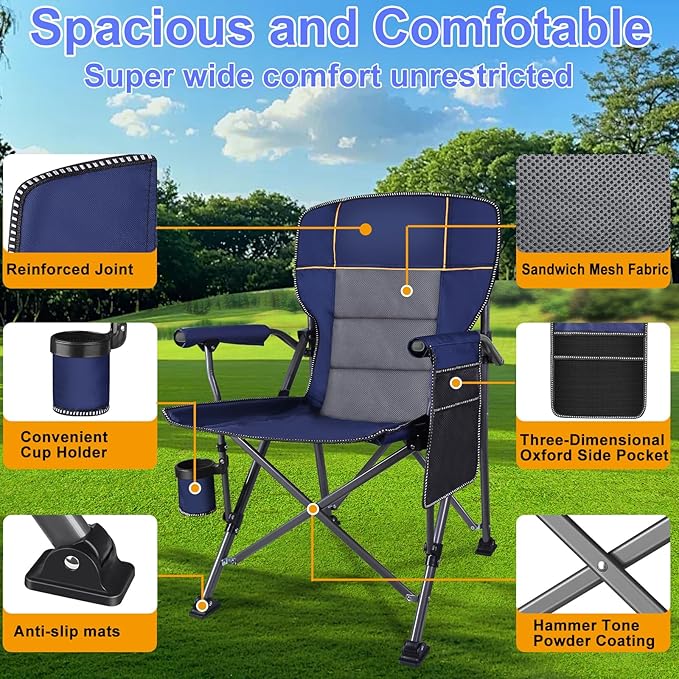 Jill Deaaa® Oversized Camping Chairs Heavy Duty Support 450 LBS Folding Outdoor Chair with Padded Back &amp Arm Folding Lawn Chairs with Side Pockets &amp Cup Holder for Outside Fishing Camp &a