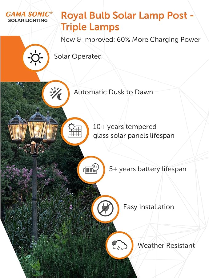 Gama Sonic Royal Bulb Solar Lamp Post Light Kit 89 inch Tall Outdoor Triple Head Weathered Bronze Cast Aluminum Rain Water Glass Light Pole Warm White 2700K 98B303 (Upgraded Panel)