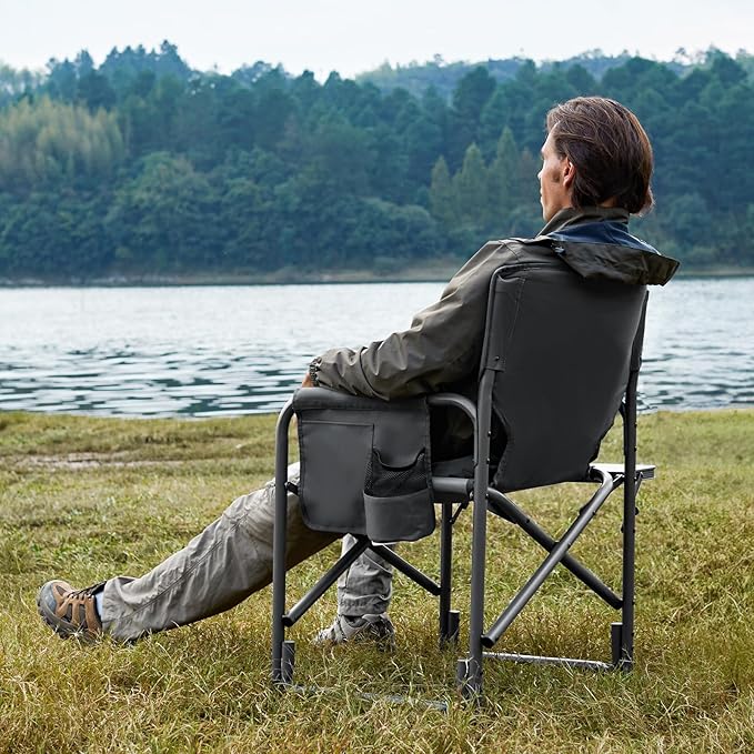 TIMBER RIDGE Lightweight Oversized Camping Chair Aluminum Directors Chair with Side Table for Outdoor Camping Lawn Picnic and Fishing Supports 400lbs Gray 2PCS