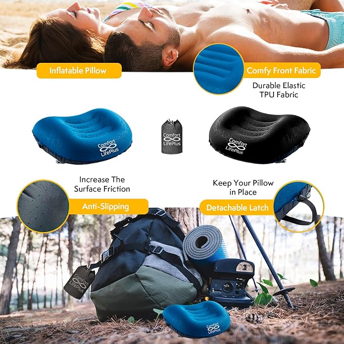 Ultralight Inflatable Camping Travel Pillow - Compressible Compact Comfortable Ergonomic Inflating Pillows for Neck &amp Lumbar Support Camp Hiking Backpacking (Orange)
