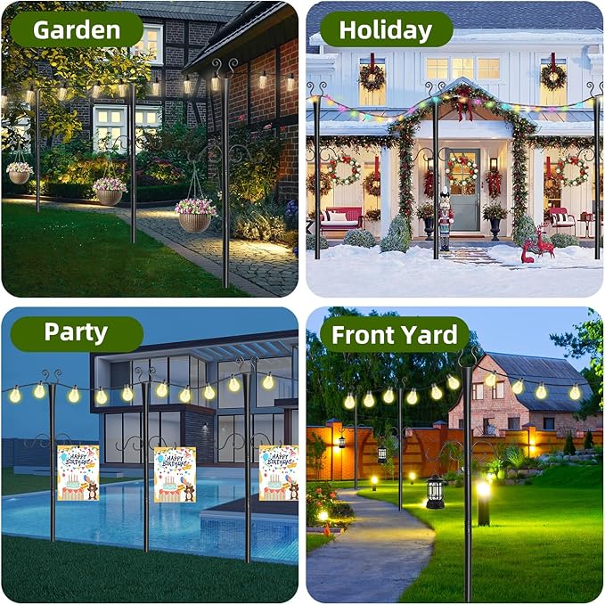 2 Pack Outdoor Patio Light Poles for String Lights 10Ft Heavy Duty Metal String Light Poles with Shepherds Hooks for Hanging Plant &amp Bird Feeder Deck Pole for Outdoor Strings Lights