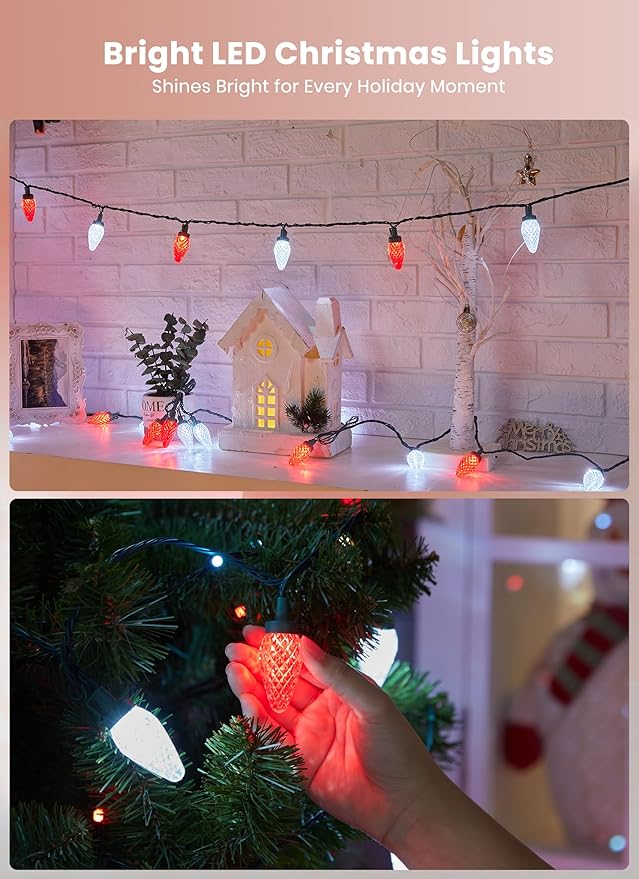 C9 LED Christmas Lights Outdoor 81 Feet 100 LED String Lights with Timer &amp 8 Light Mode Waterproof Commercial Grade Christmas Tree Lights for Outside Indoor Roofline Patio Decor Red &amp Pure