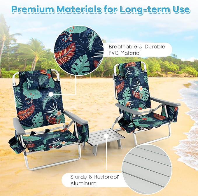 COSTWAY Backpack Beach Chairs Set 3-Piece Portable Camping Chairs with Cup Holder Ice Bag 5-Position Outdoor Reclining Chairs for Adults Travel Sunbathing Support 300 LBS Palm Tree Green