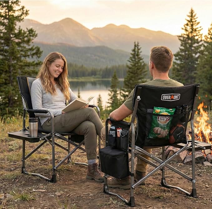 Overmont 2PCS Oversized Lightweight Camping Chair - Portable Comfortable Heavy Duty Foldable Directors Chairs with Side Table &amp Cooler Bag for Outside Camp Beach Picnic Lawn and Fishing Support 40