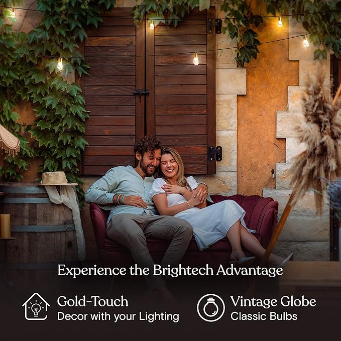 Brightech Glow Solar LED String Lights - Commercial Grade Waterproof Patio Lights with Beautiful Brass Accents - Shatterproof LED Solar Outdoor String Lights - 1W Soft White Light - 27 Ft