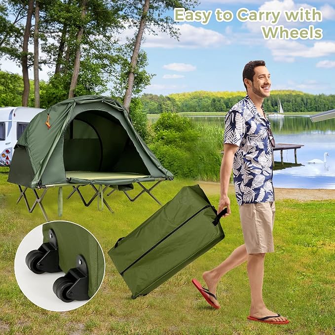 Tangkula 2-Person Tent Cot 4-in-1 Folding Tent with Waterproof Rainfly Self-Inflating Mattress &amp Roller Carrying Bag Portable Off Ground Elevated Tent with Shoe Storage Pocket &amp Lamp Hook