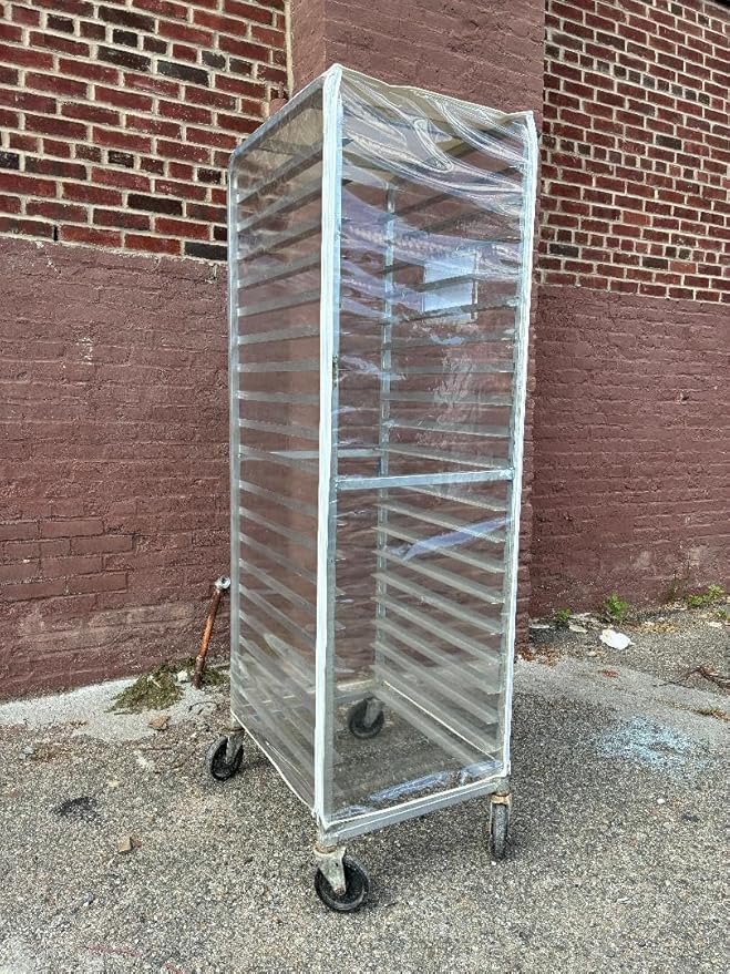Bakery Food Pan Sheet Rack Cover – Heavy Duty Zippered Bun Pan Rack Cover – Long-lasting Use Durable Cover – Made in USA (Clear Vinyl with 3 Zippers (Large Pocket) 23W x 28L x 61H)