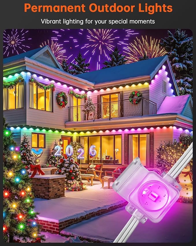 Permanent Outdoor Lights150ft RGB+IC Smart Outside Lights with 90 LED APP Control Dimmable50 Scene Modes for Outdoor Decor IP68 Waterproof Eaves Lighting for Daily Holiday Christmas Decorations