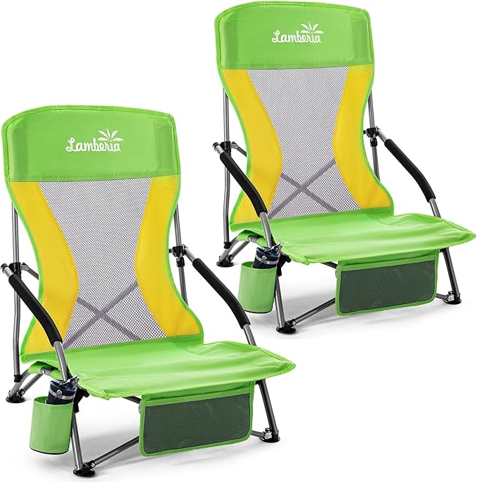 Lamberia Folding Beach Chair for Adults 2 Pack Portable Low Beach Chairs with 300lbs Capacity Lightweight Fodable Camping Chair for Travel Picnic Concert &amp Outdoor ActivitiesGreen-Yellow