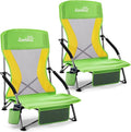 Lamberia Folding Beach Chair for Adults 2 Pack Portable Low Beach Chairs with 300lbs Capacity Lightweight Fodable Camping Chair for Travel Picnic Concert &amp Outdoor ActivitiesGreen-Yellow
