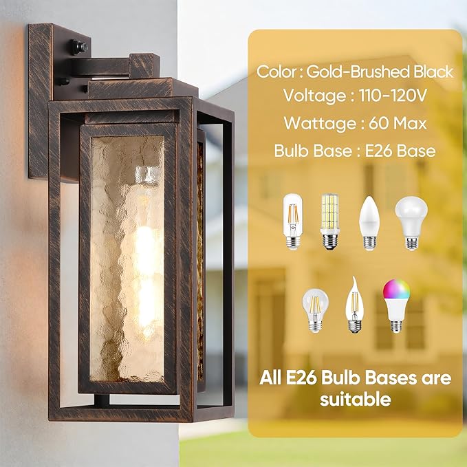 Dusk to Dawn Outdoor Wall Lantern Water Ripple Exterior Porch Light Fixture Black Gold 2 Pack Sensor Outside Lantern Lamp Porch Mount Lamp for Doorway Waterproof Wall Sconce Light (Bulb Included)