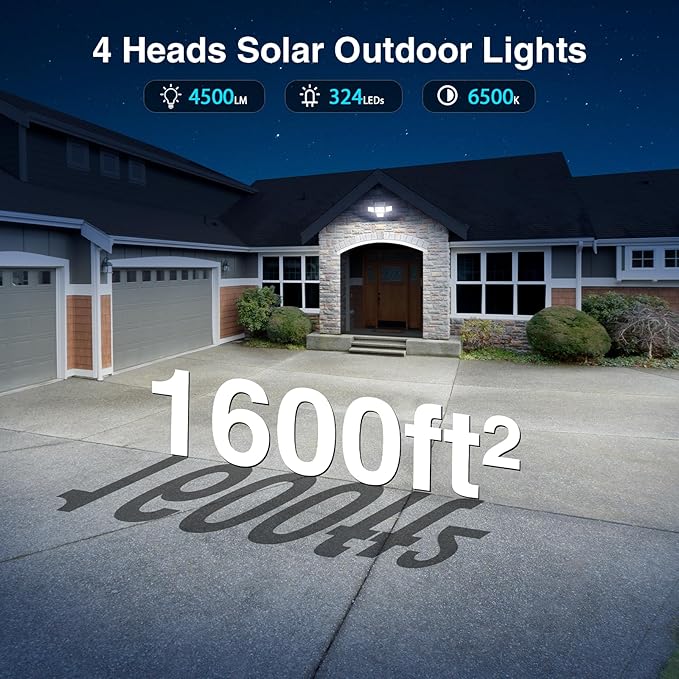 4500LM Solar Lights Outdoor Waterproof 254 LED Solar Flood Lights Outdoor with 2 Motion Sensor 4 Heads Security Light with Remote Control for Yard Outside House Garage 2 Pack