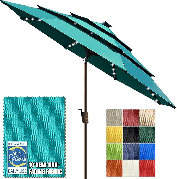 EliteShade USA 10-Year-Non-Fading 10Ft 3 Layers Market Umbrella with 80 LED Lights Patio Umbrella Outdoor Table Umbrella with Ventilation(Teal)