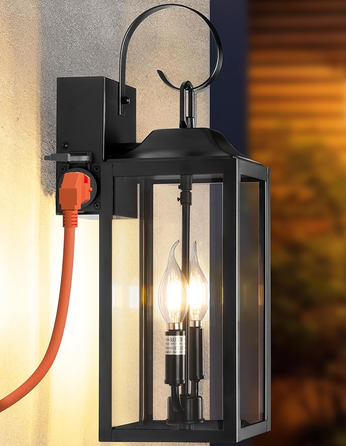 19 Large Porch Light with Outlet Black Large Outdoor Wall Lantern 2-Light Exterior Lighting Fixtures Modern Outdoor Wall Light with Outlet Farmhouse Sconce Lantern for House Front Door Garage
