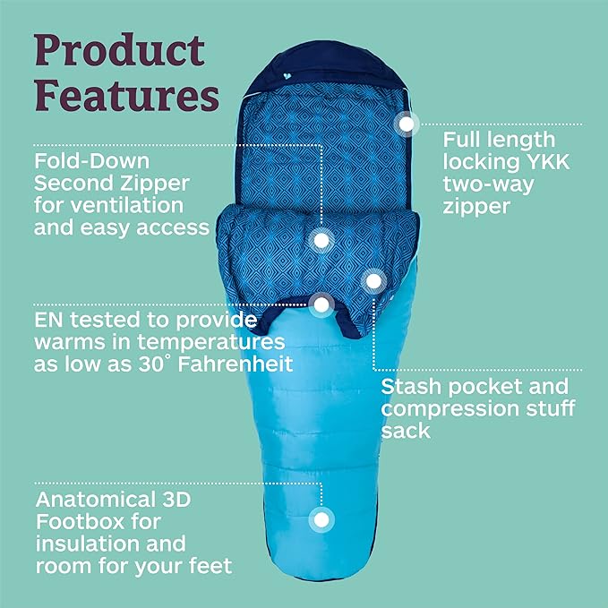 Marmot Women’s Trestles 15° Sleeping Bag | Insulated Water-Resistant Left-Zip French Blue/Harbor Blue