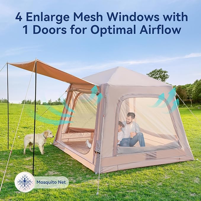 Inflatable Tent for Camping Waterproof Oxford Large Blow Up Hot Tent with Pump Easy Setup Inflatable Glamping House Air Tent for Family 4/6/8/10/12 People