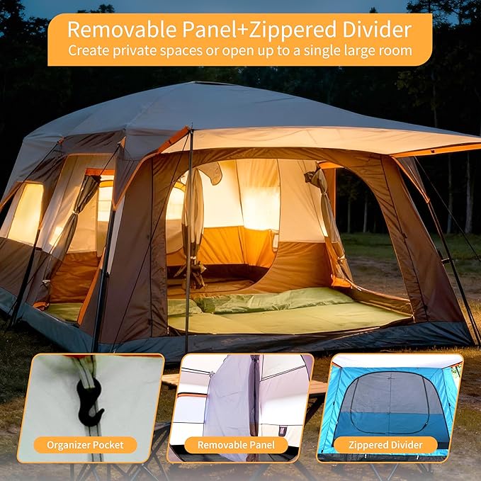 Large Family Standing Upright Camping Tent - 5-12 Persons Multi-Room Waterproof Tent with Screened Porch - Glamping Tent for Outdoor Camping &amp Family Vacation