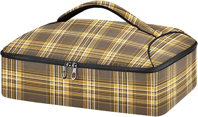 Casserole Carrier Yellow Brown Tartan Pattern Insulated Casserole Carrier for Hot or Cold Food Thermal Lunch Tote for Parties Picnic Travel Carry Bag