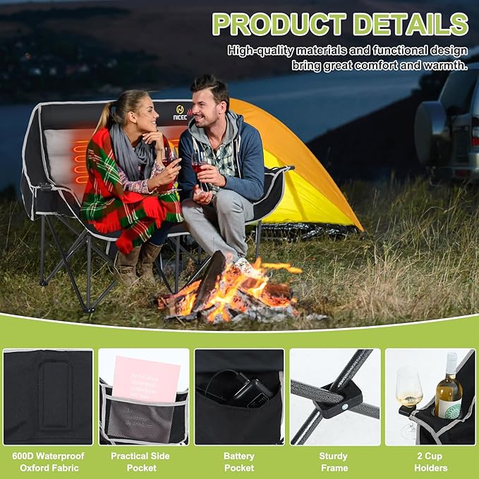 Nice C Heated Camping Chair with Battery Outdoor Heated Folding Chairs Double Padded Camping Chair for Adults Camping Couch with Cooler Bag 2 Power Banks Included (Black&ampGrey)