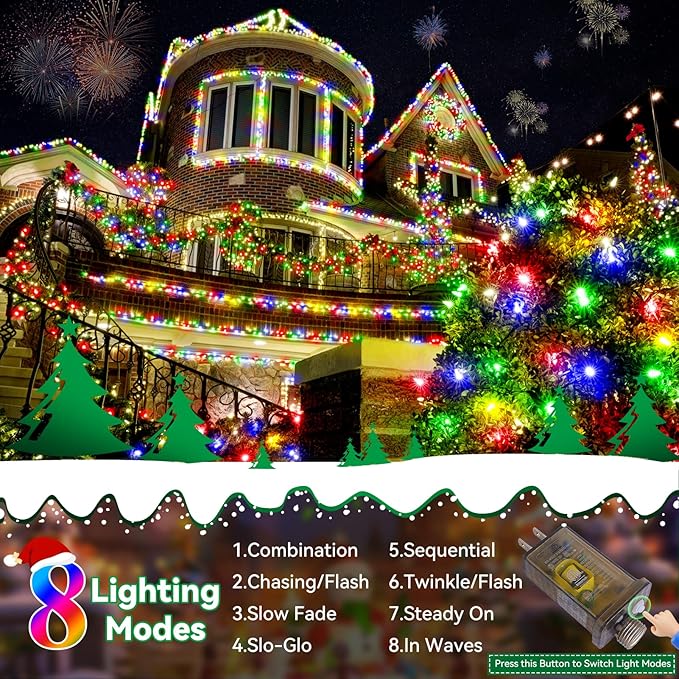 Heceltt Christmas Lights Outdoor 125FT 350 LED String Lights 8 Modes and Timer Memory Function Twinkle Fairy Lights Waterproof Plug in for Xmas Tree Wedding Party Holiday Decor(Multicolor)