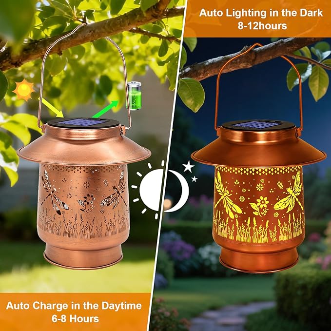 Dragonfly Solar Lanterns Outdoor Waterproof  Garden Decor Birthday Gifts for Women Mom GrandmaMetal Hanging Solar Lights Outside Decorative for Yard Patio Backyard Pathway Porch