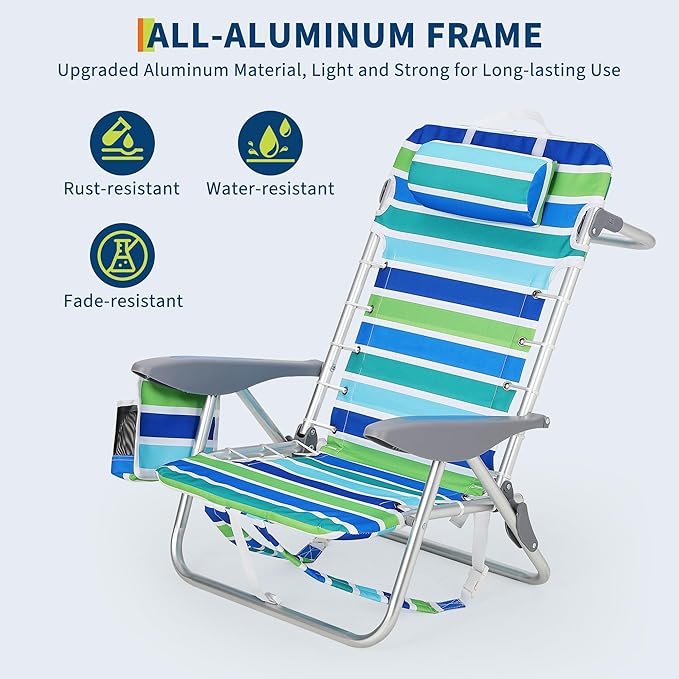 GarveeLife Backpack Beach Chair for Adults 2 Pack Lightweight Portable Lay Flat Folding Beach Chair with 5 Positions Backpack Straps Phone Pocket Cup Holder &amp Towel Bar Support to 300 LBS