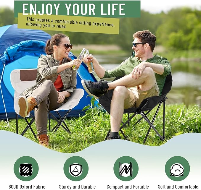 2 Pack Compact Camping Chairs Portable Folding for Outside with Carry Bag Lightweight Moon Chairs for Travel Picnic Hiking Beach Fishing 600D Oxford Supports 330lbs(White Black)