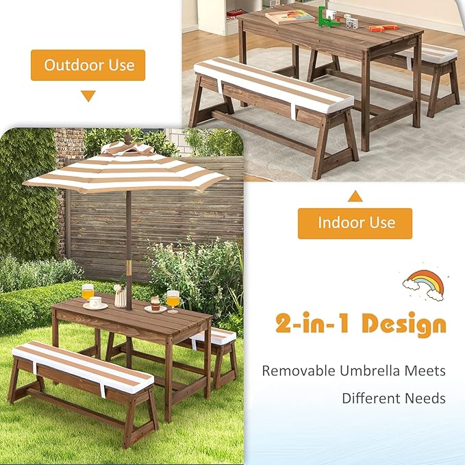 2-in-1 Kids Picnic Table Wooden Kids Outdoor Tables with Removable Umbrella &amp Cushions Fits 4 Children Indoor Outdoor Toddler Picnic Table for Backyard Lawn &amp Patio (Coffee)
