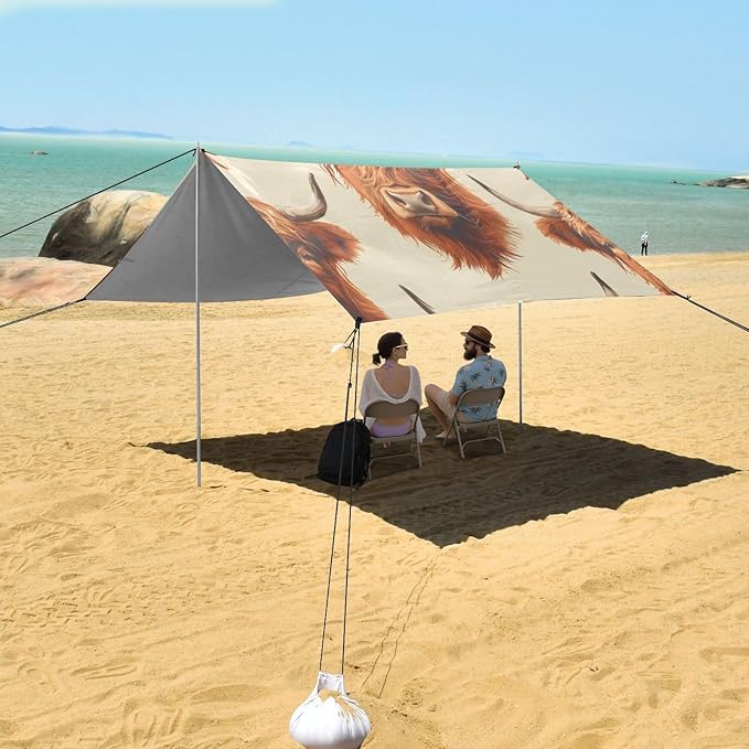 Highland Cows Beach Tent Sun Shelter 9.2' x 10.5' Beach Canopy with 4 Sandbags 4 Stability Poles Sand Shovels - Tent Canopy for Beach Camping Fishing Picnics