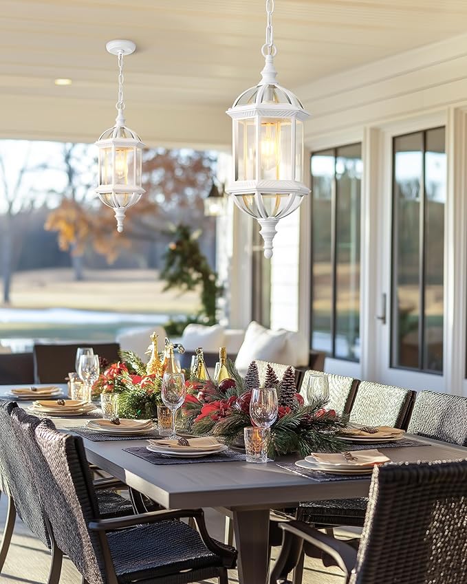 VIANIS Outdoor Hanging Lights White Outdoor Pendant Lights with Tempered Beveled Glass 20 Inch 1-Light Adjustable Outdoor Chandelier for Entryway Gazebo Waterproof and Anti-Rust 100% Aluminum