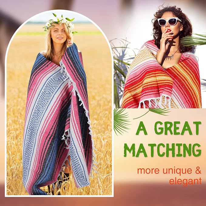 Macarrie 12 Pcs Mexican Beach Blankets Bulk Large Thick Serape Blanket Colorful Striped Yoga Throw for Outdoor Beach Park Picnic Car Couch Home