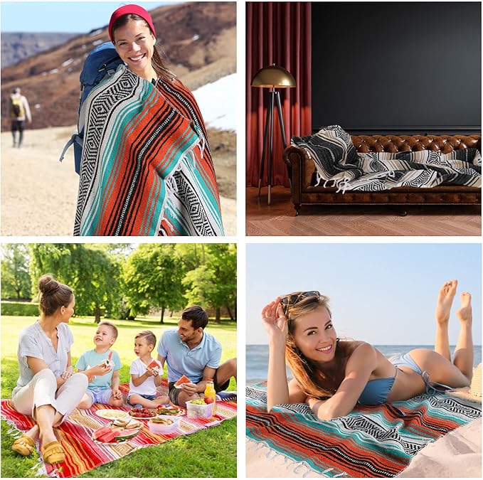 Haull 10 Pcs Large Mexican Blankets Bulk 51 x 71 Mexican Serape Blankets Yoga Authentic Throw Colorful Striped Falsa with Fringed for Outdoor Car Travel Camping Beach Picnic Patio Mat Towel