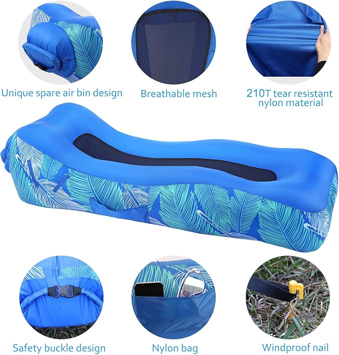 Inflatable Lounger Air Sofa with Unique Sun-Shade Design Inflatable Beach Bed with Pillow Waterproof Inflatable Couch Camping Chair Hammock for Hiking Backyard Travel Beach Park Picnics