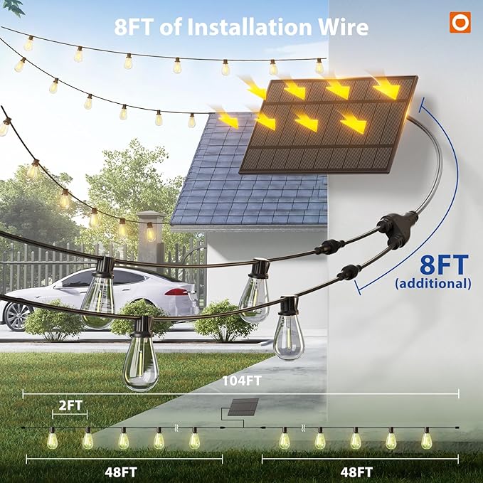 addlon 104FT(96FT+8) Solar String Lights Outdoor Waterproof with USB Port &amp Remote Control Solar Patio Lights for Outside Solar Powered with 52 LED Dimmable Bulbs for Porch Garden Deck Halloween