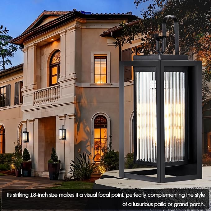 2 Pack Outdoor Wall Lights for House Exterior 18 Inch Large Black Modern Lantern with Dual Metal Frame &amp Textured Glass IP65 Waterproof (Bulbs Included)