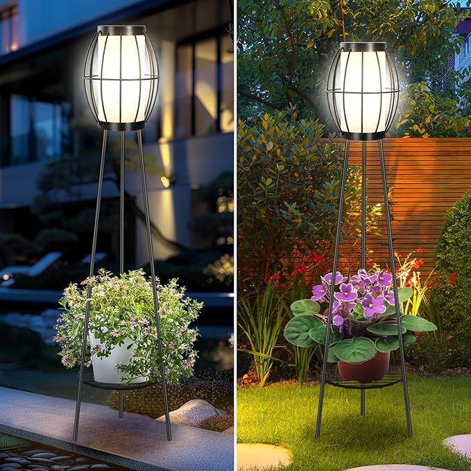 2 Pack Solar Lights Outdoor with Plant Stands Solar Floor Lamps Black Metal Tripod Deck Lights Patio Decor for Garden Yard Pathway Driveway Porch