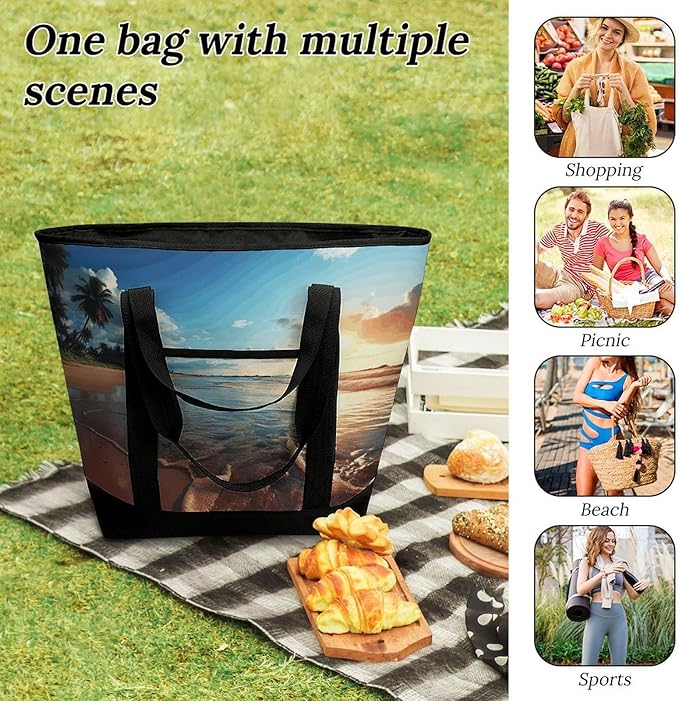 Insulated Shopping BagLarge Reusable Cooler Bags Beach Sunset Tranquil Printed Foldable Shopping BagTravel Waterproof Shoulder Bag