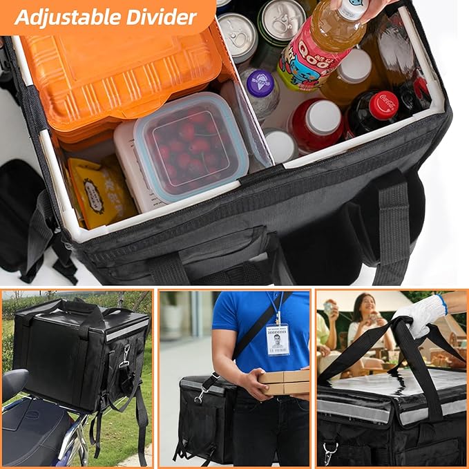 Insulated Bags for Food Delivery with Cup Holder 17.3 x 13.5 x 12.5 Support Frame &amp Hard Bottom Plate Waterproof Commercial Insulated Food Delivery Bag Drink Carriers for Doordash w/Divider