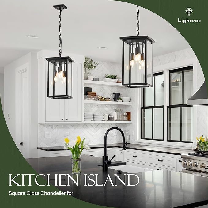 10 Modern 4-Light Exterior Black Square Lantern Pendant Light Fixture with Clear Glass Industrial Hanging Cage Chandelier for Outdoor Porch Kitchen Island Dining Room Hallway Entryway Foyer