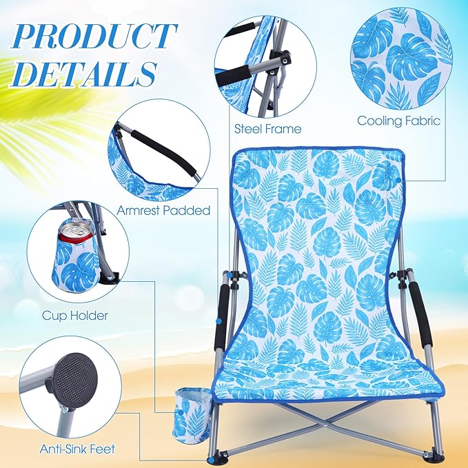 Karenhi 2 Pack Beach Chair Foldable Reclining Portable Lightweight Chair for Adults Camping Concert Lawn Sand Outdoor (Blue Leaves)
