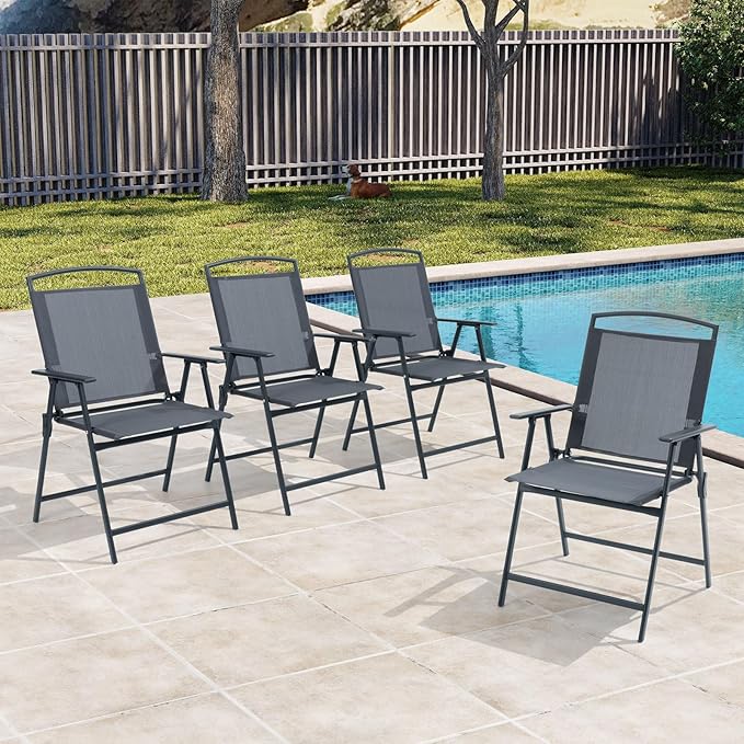 Crestlive Products Patio Folding Chairs Set of 8 Outdoor Folding Chairs with Durable Rust-Resistant Frame and Breathable Textilene Material for Outside Gray