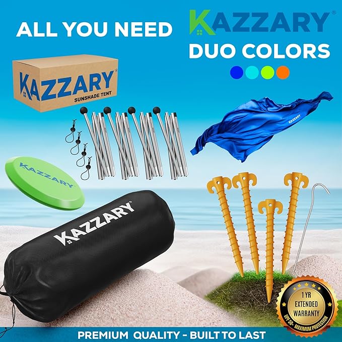 Beach Tent UPF50+ Sun Shade Canopy with Sandbags 4 Stability Poles Ground Pegs Flying Disc Sand Shovel Lightweight Sunshade Shelter 7ft Tall for Outdoor Trips Camping and Sports