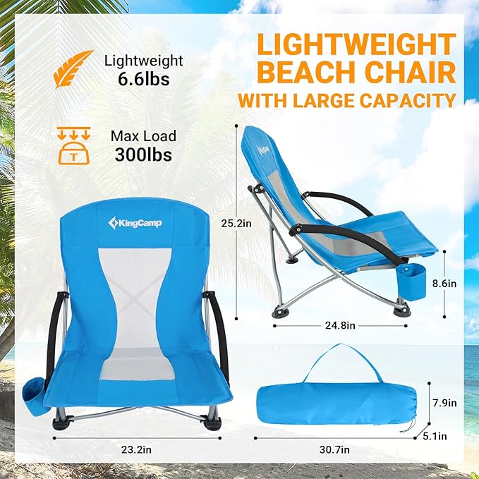 KingCamp Low Beach Chair Folding Portable Lightweight Backpack Chair for Adults with Cup Holder Pocket Carry Bag for Outdoor Camping Concert Festival Travel Sports Lawn Sand Blue
