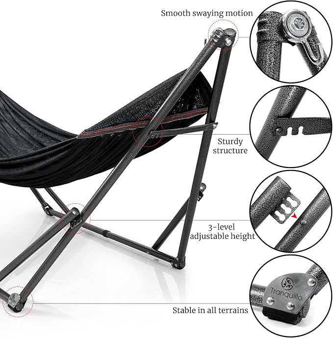 Tranquillo Universal Hammock Stand 600 lbs Capacity Instant 20s Foldable 3-Year Warranty Hammock with Stand 2 Person Camping Revolutionary Portable No Screws Premium Hammocks Black