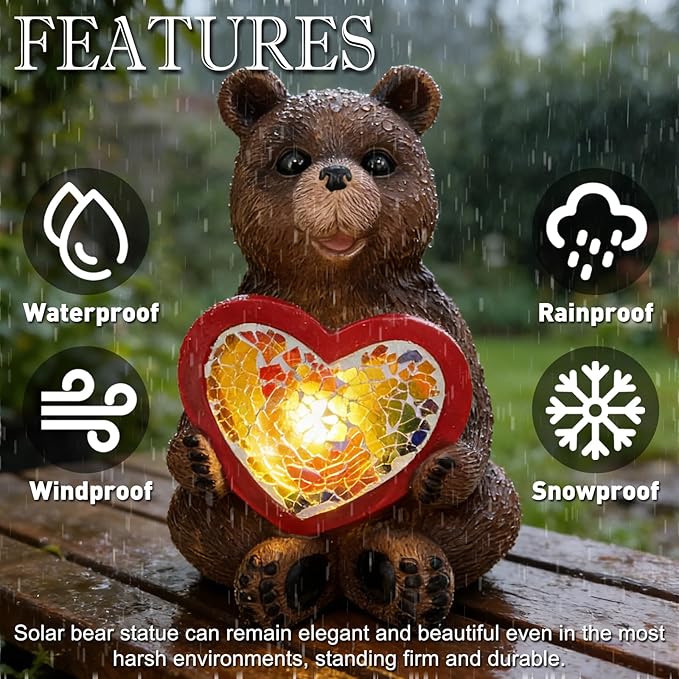 Solar Bear Garden Statues Decor for Outdoor Brown Bear Figurine Lights for Lawn Patio Yard Decoration - Unique Christmas Housewarming Gift for Grandma Wowen Mom