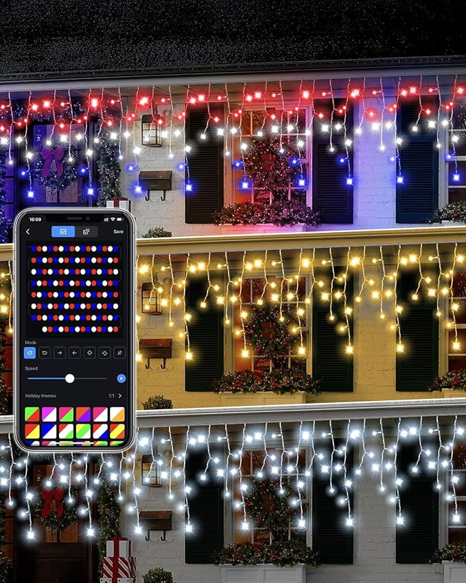 Smart RGB Icicle Lights Outside 33FT 299LED 69 Drops App &amp Remote Control Music Sync Waterproof Christmas Roof String Lights DIY Color Changing Holiday Yard Decorations for Patio Party Wedding