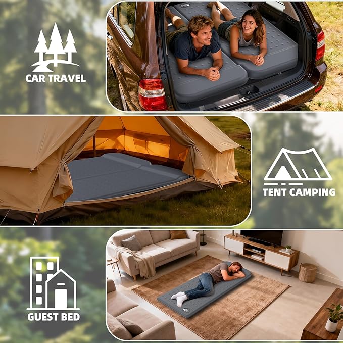 KASIMO Memory Sleeping Pad for Camping 3 Compact Ultra-Thick Foam Sleeping Mats with Pillow 9.5 R-Value Insulated Camping Mattress Pad or Car Travel Backpacking TentHome