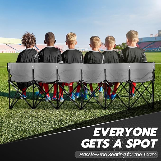 Flexzion Portable Folding Bench Seat 6 Seater Collapsible Soccer Bench Portable Bench Seats for Bleachers Camping Sideline with Back Rest and Carrying Bag Gray