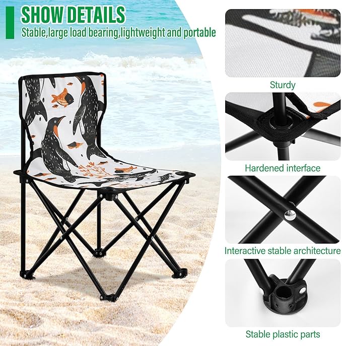 Abstract Penguin Portable Camping Chairs Folding Chair - Durable Oxford Fabric Lightweight Iron Frame Easy Fold Design - Ideal for Outdoor Activities Camping Fishing and Travel