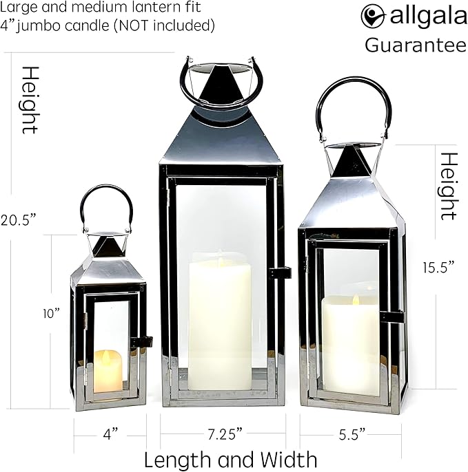 Allgala 3-PC Lantern Set 24 Inch Jumbo Deluxe Modern Indoor/Outdoor Candle Lantern Set Black Stainless Steel Frame Tempered Glass Pyramid Top for Garden Poolside Fireplace Wedding